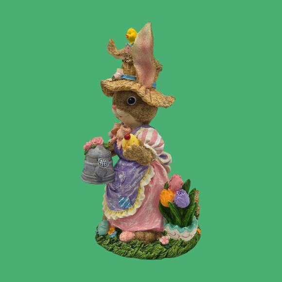 Dressed Rabbit VTG Figurine Easter Spring Cottage Decor Eggs Watering Can Tulips - Picture 7 of 11